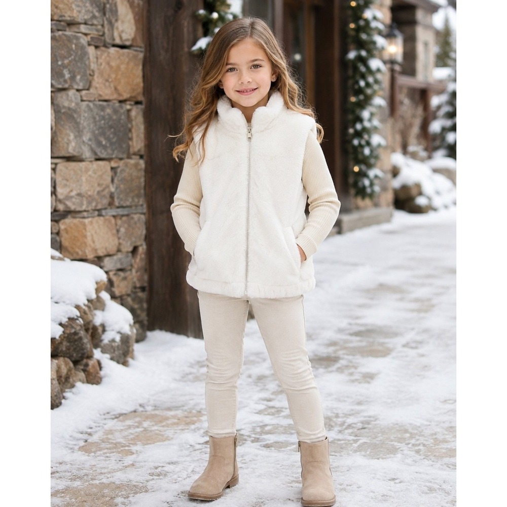 Rachel Zoe Girls M 7/8 White Faux Fur Vest Full Zip Cozy Winter Layer